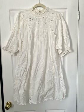 White Eyelet Smocked Neck Mini Dress 100% Cotton Size Medium